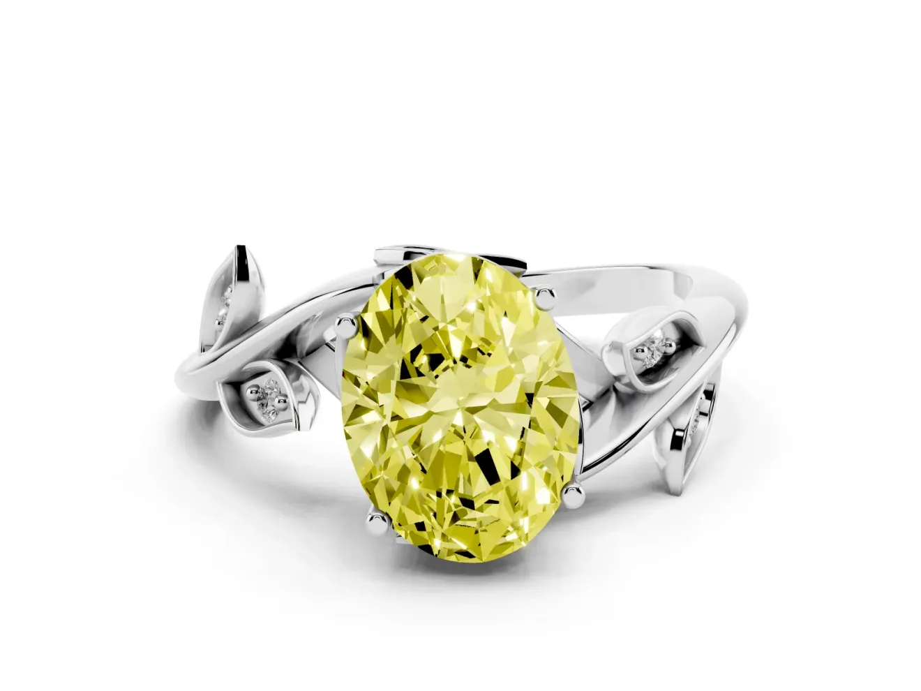 Fancy Yellow Oval Cut Diamond Solitaire Twist Engagement Ring Set in White gold with Pavé Leaf Accents