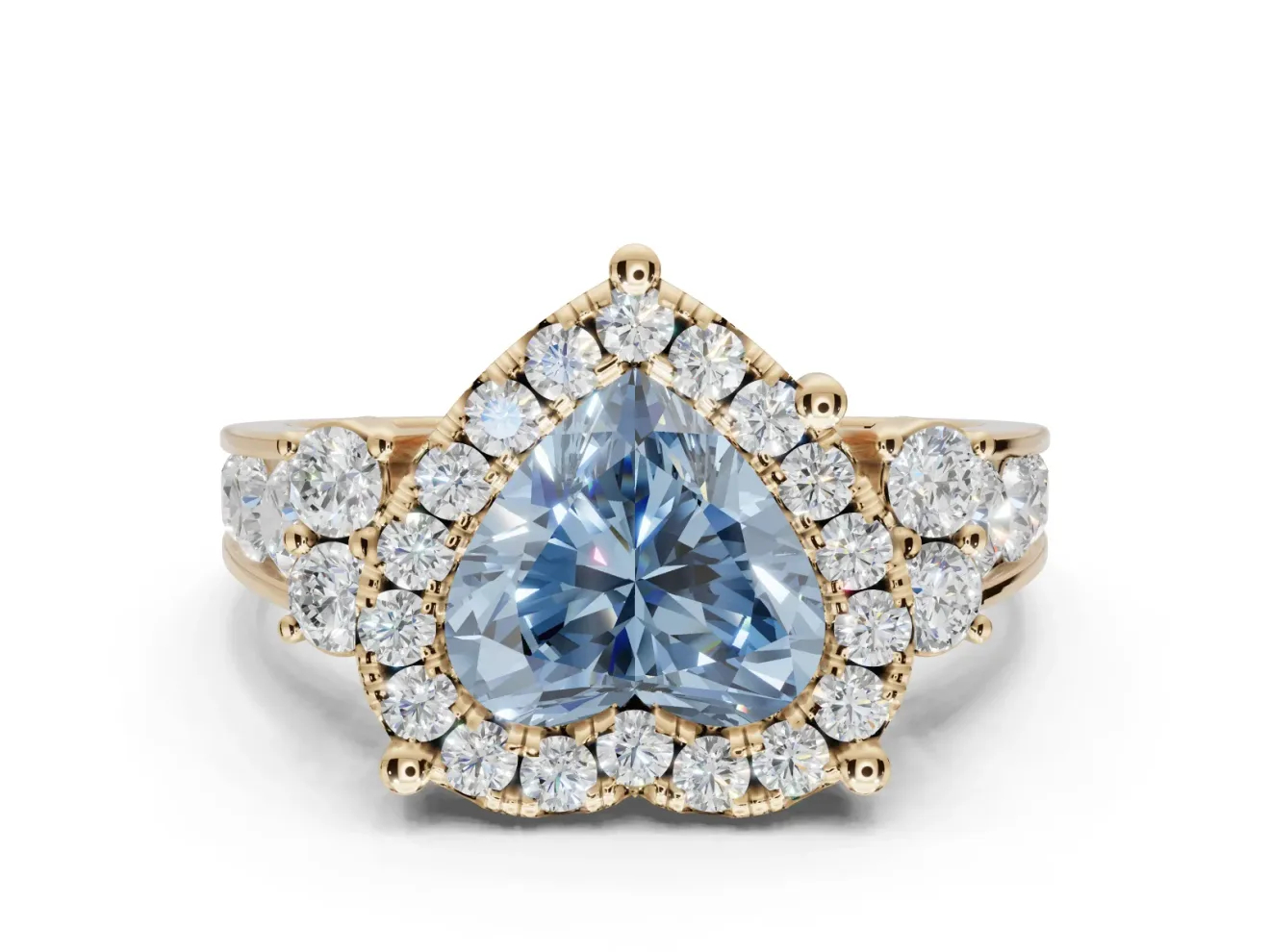 Heart-Shaped Halo Engagement Ring Setting for a Fancy Blue Lab-Grown Diamond | Graduated Channel Band | Yellow Gold