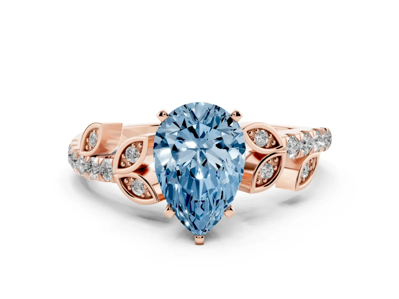 Fancy Blue Pear Cut Diamond Solitaire Leaf-Inspired Ring Set in Rose gold with Pavé Band and Prong Setting