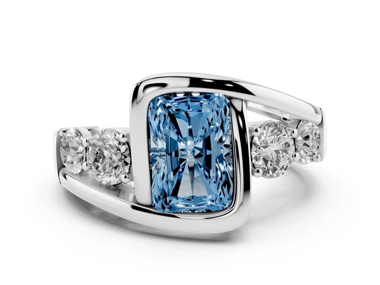 Radiant Cut Bezel Bypass Engagement Ring Setting for a Fancy Blue Lab-Grown Diamond | White Gold