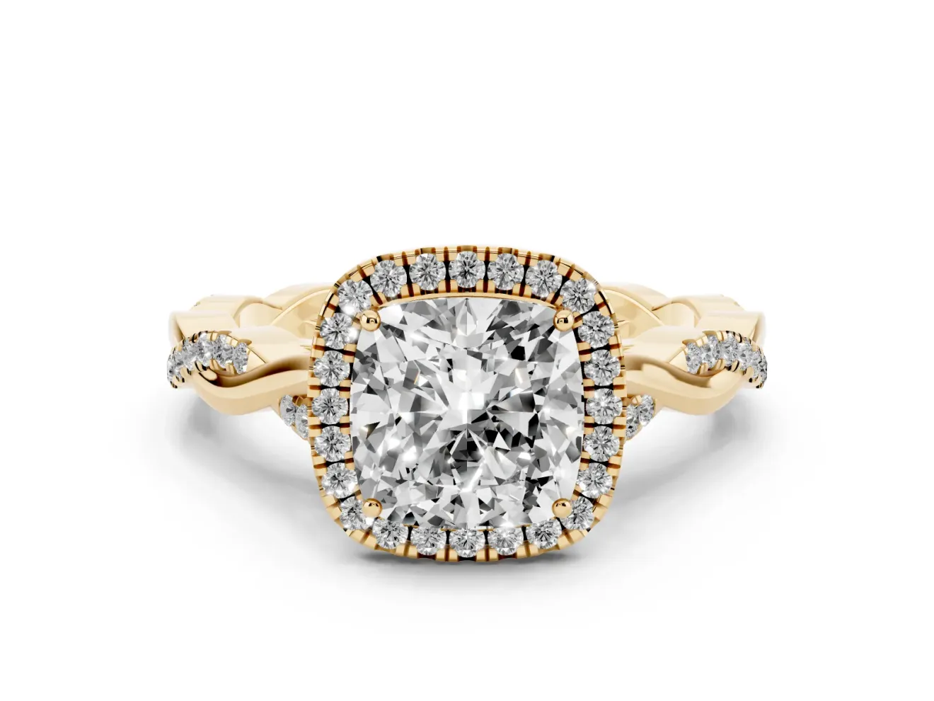 Cushion Cut Halo Engagement Ring Setting | Pavé Twist Band | Yellow Gold