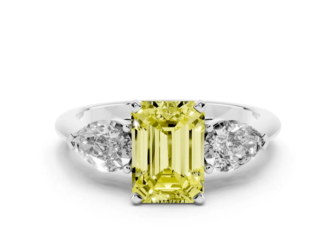 Fancy Yellow Three-Stone Emerald Cut Diamond Ring Set in Silver with Pear Side Stones and Prong Setting
