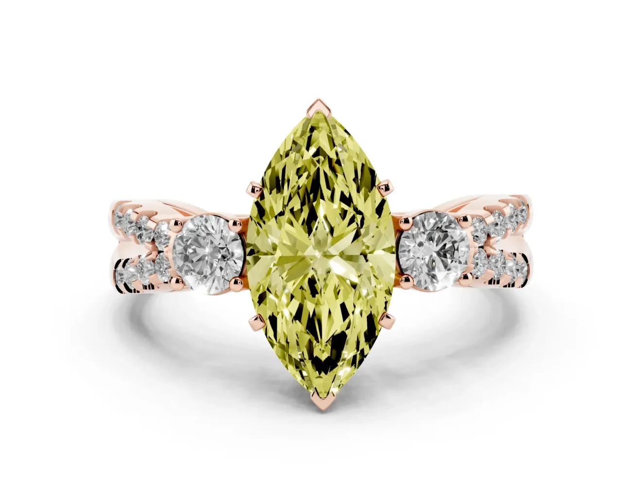 Fancy Yellow Marquise Cut Diamond Three-Stone Ring Set in Rose gold with Pavé Split Shank and Prong Setting