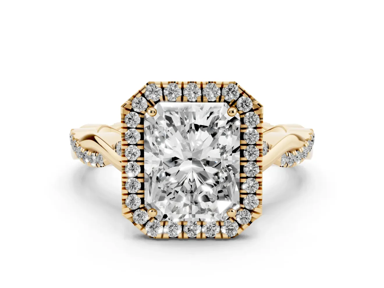 Radiant Cut Halo Engagement Ring Setting | Pavé Twist Band | Yellow Gold