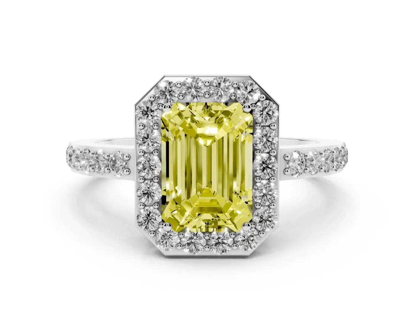 Fancy Yellow Emerald Cut Diamond Halo Ring Set in Platinum with Pavé-Setting Band and Open Prong Center