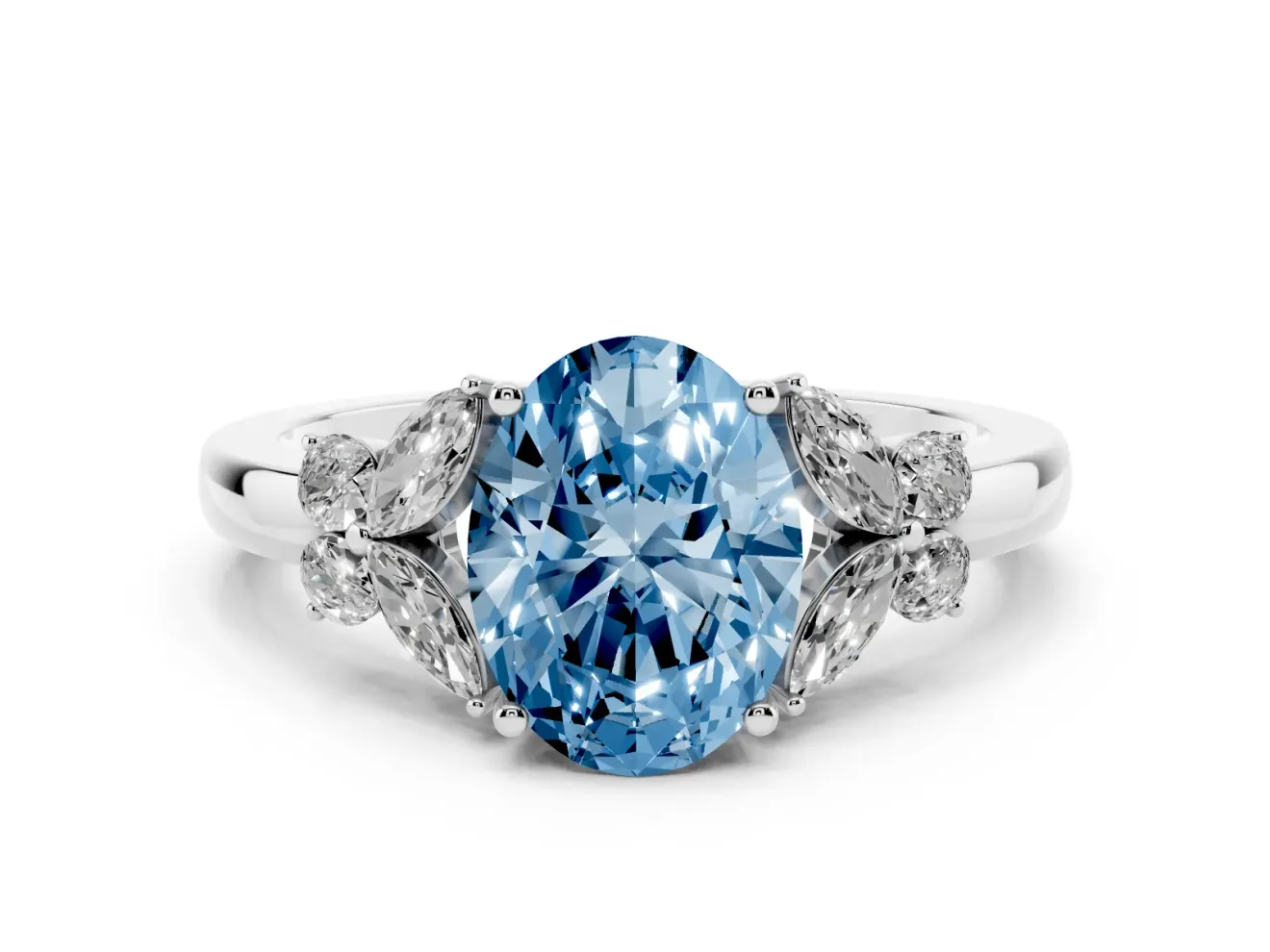 Fancy Blue Oval Cut Diamond Solitaire Floral Ring Set in Silver with Marquise Petals and Prong Setting