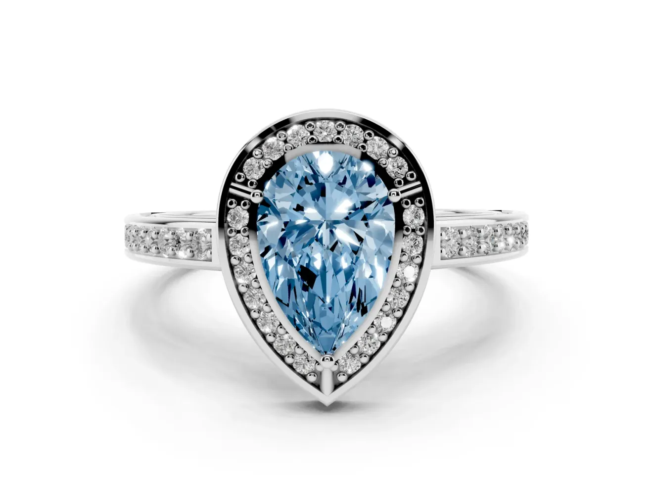 Fancy Blue Pear Cut Diamond Halo Pavé Split Shank Ring Set in White gold with Prong Setting