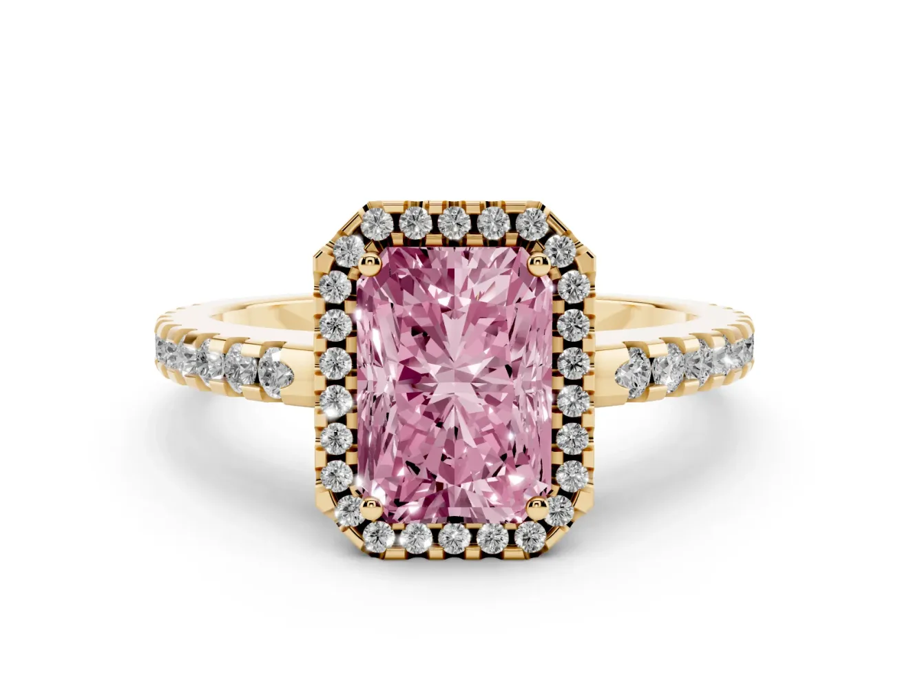 Radiant Cut Pave Halo Engagement Ring Setting for a Fancy Pink Lab-Grown Diamond | Yellow Gold