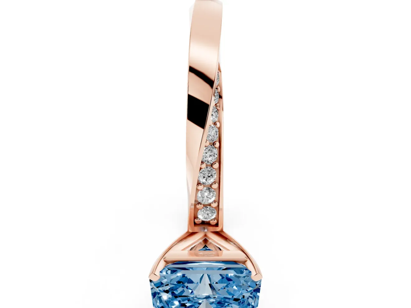 Fancy Blue Radiant Cut Diamond Engagement Ring Set in Rose gold with Side Stone Accents and Prong Setting