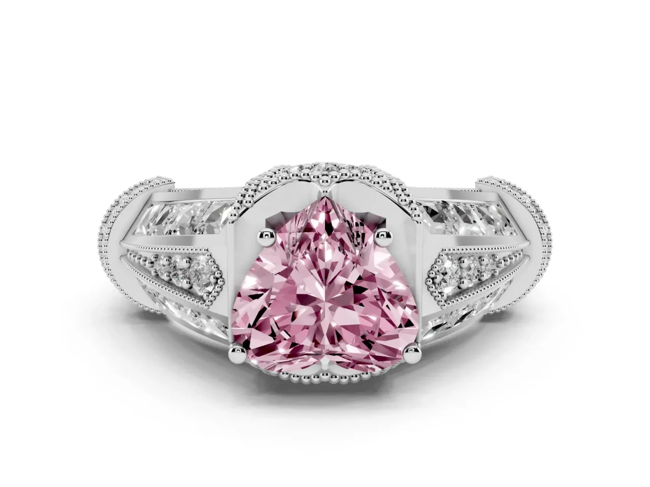 Fancy Pink Heart Cut Diamond Vintage-Inspired Milgrain Ring Set in Platinum with Accent Split Shank