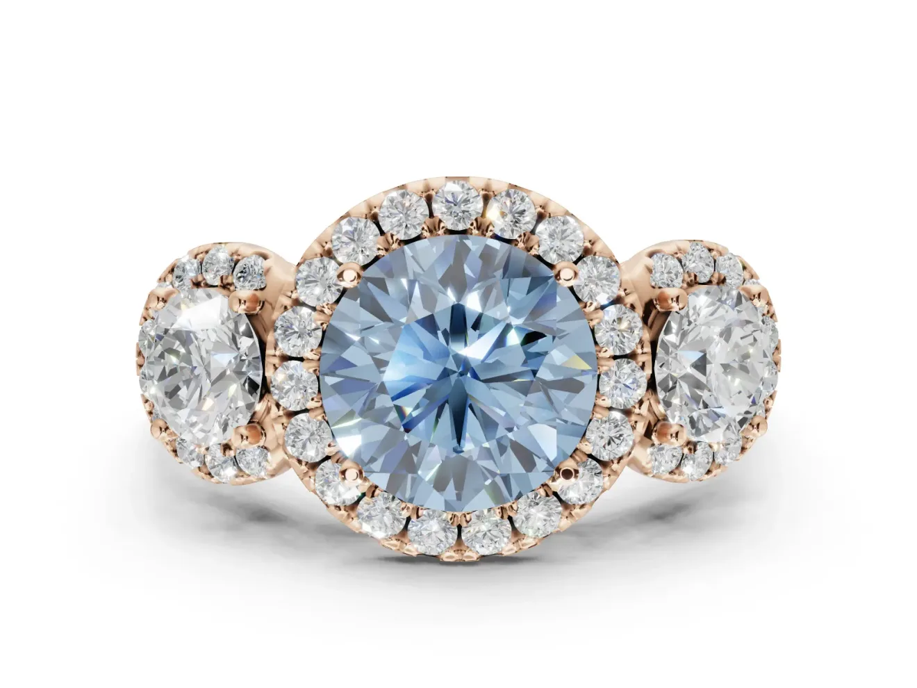 Round Three Stone Halo Engagement Ring Setting for a Fancy Blue Lab-Grown Diamond | Rose Gold