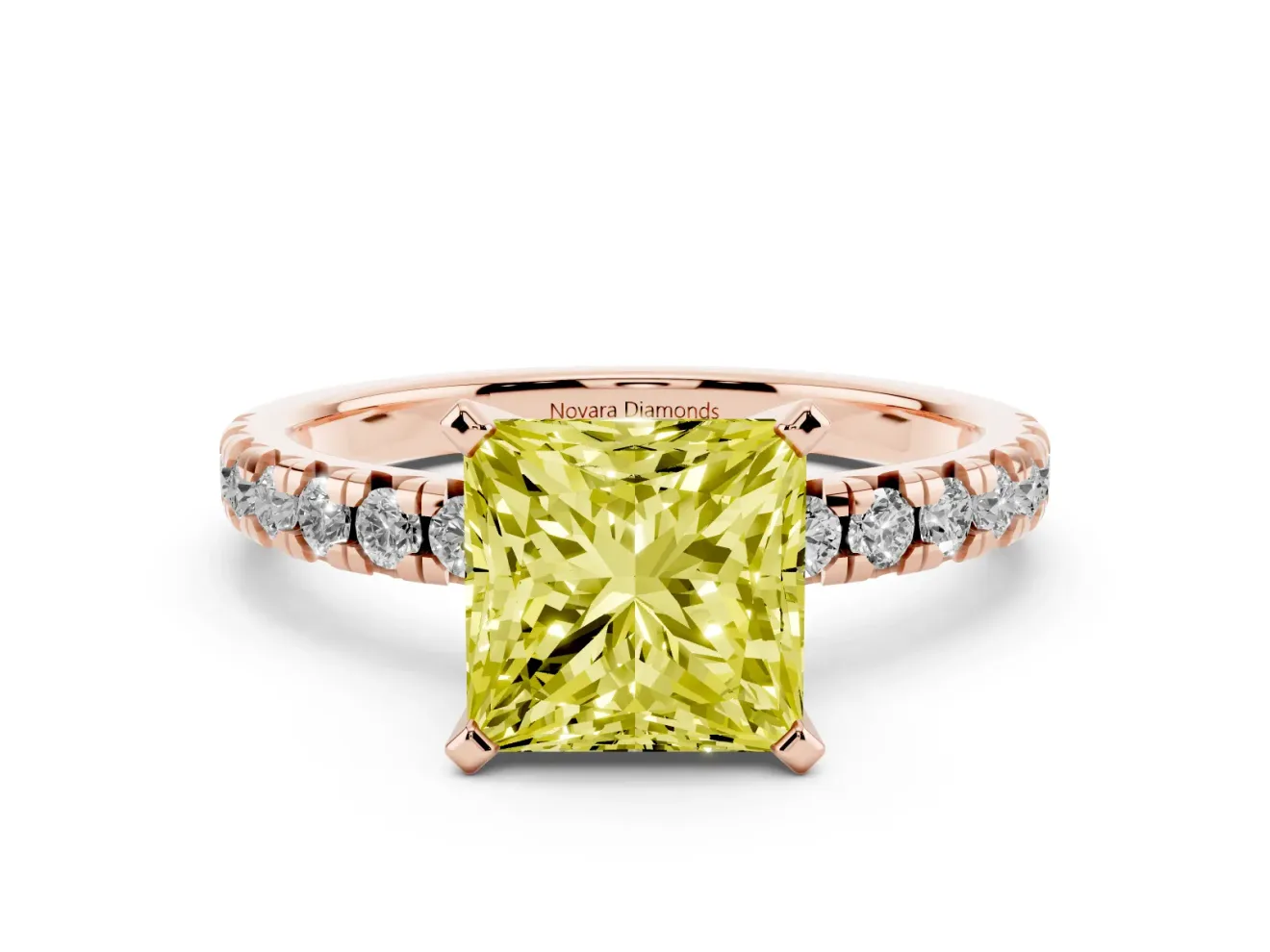 Fancy Yellow Princess Cut Diamond Solitaire Pavé Engagement Ring Set in Rose gold with Round Band and Prong Setting
