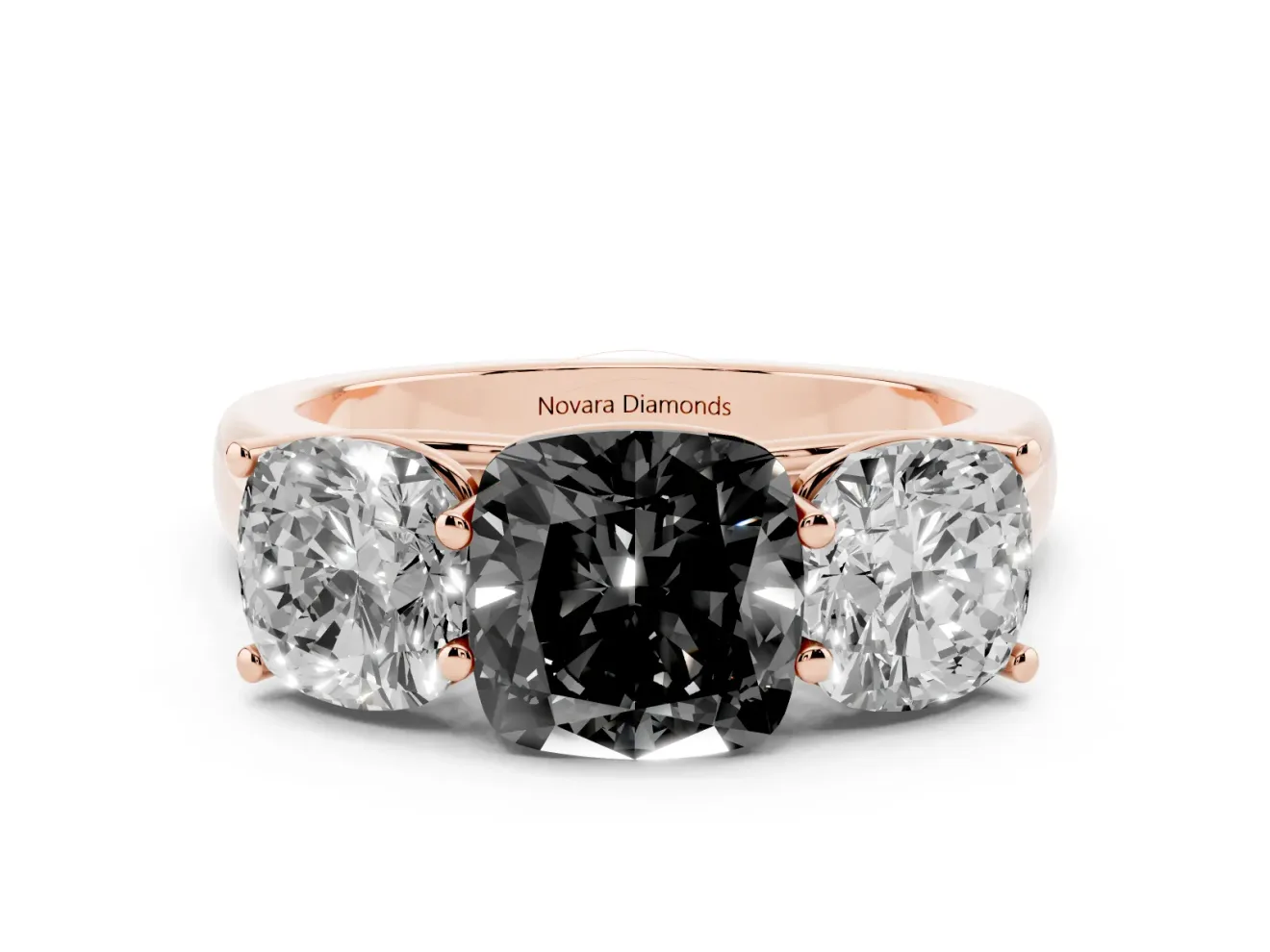 Cushion Cut Three Stone Engagement Ring Setting for a Black Center | Basket Prong Heads | Rose Gold