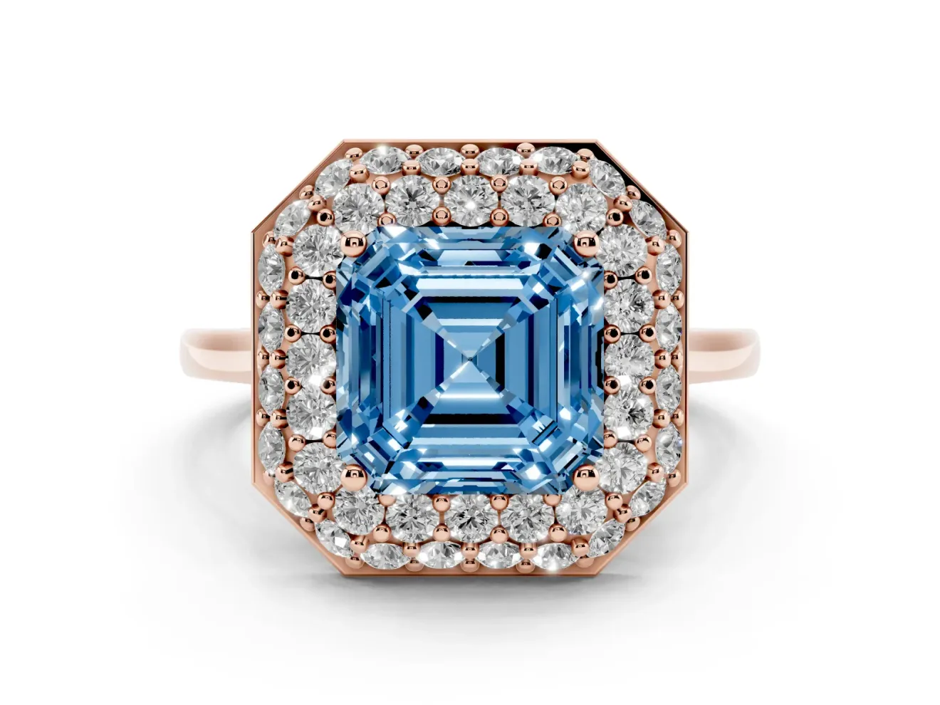 Asscher Cut Pave Halo Engagement Ring Setting for a Fancy Blue Lab-Grown Diamond | Slim Plain Band | Rose Gold