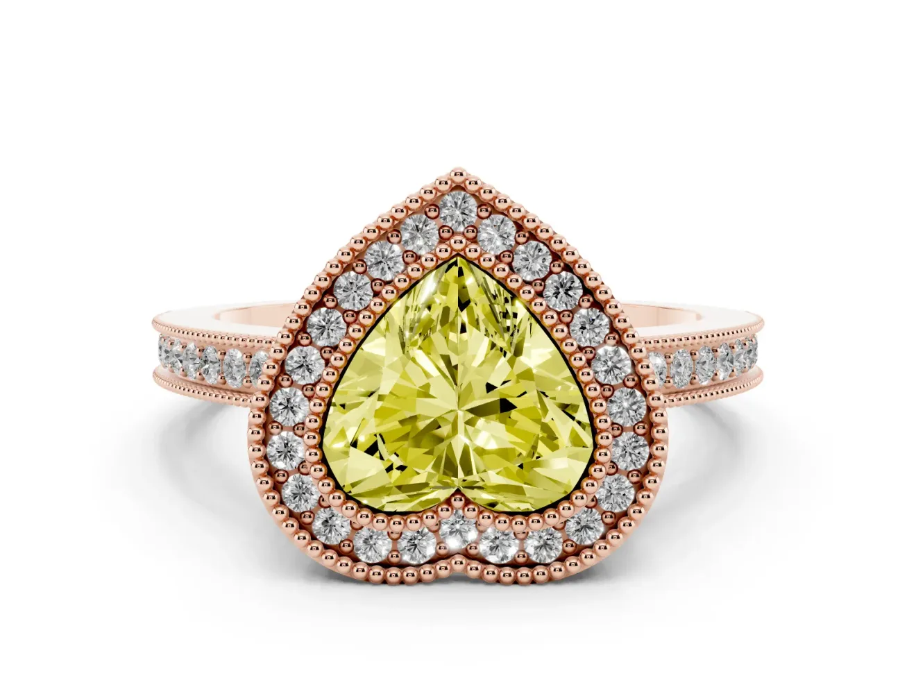 Fancy Yellow Heart Cut Diamond Halo Ring Set in Rose gold with Pavé Band and Milgrain-Edged Prongs