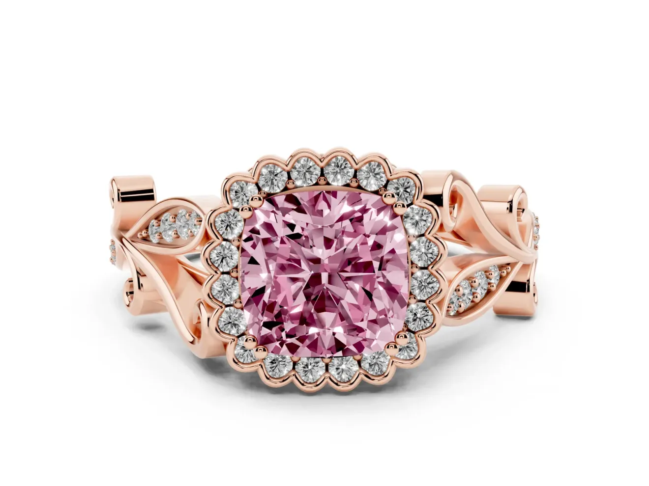 Cushion Cut Leaf Halo Engagement Ring Setting for a Fancy Pink Lab-Grown Diamond | Rose Gold