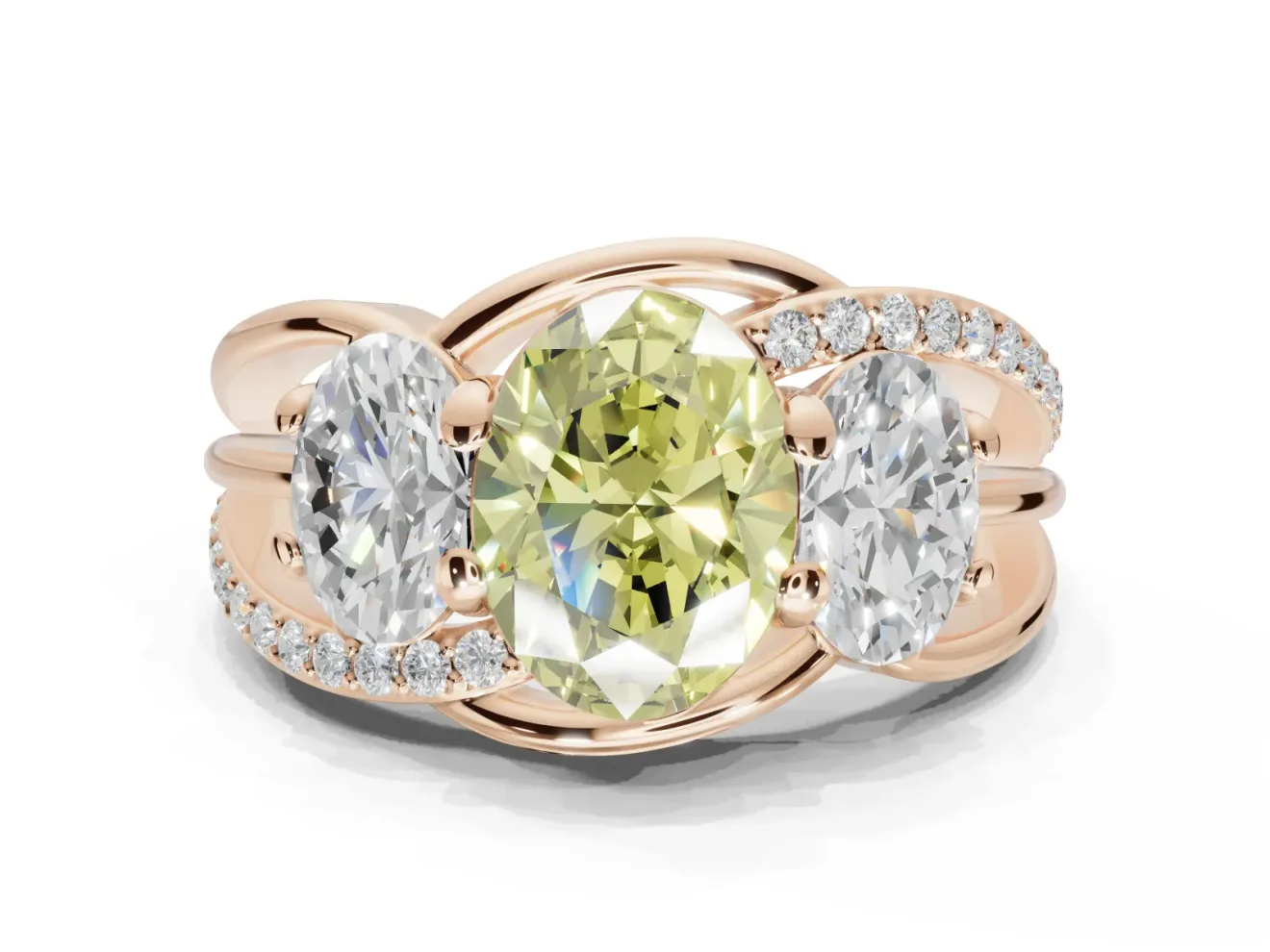 Oval Three Stone Split Shank Engagement Ring Setting for a Fancy Yellow Lab-Grown Diamond | Matching Sides | Rose Gold