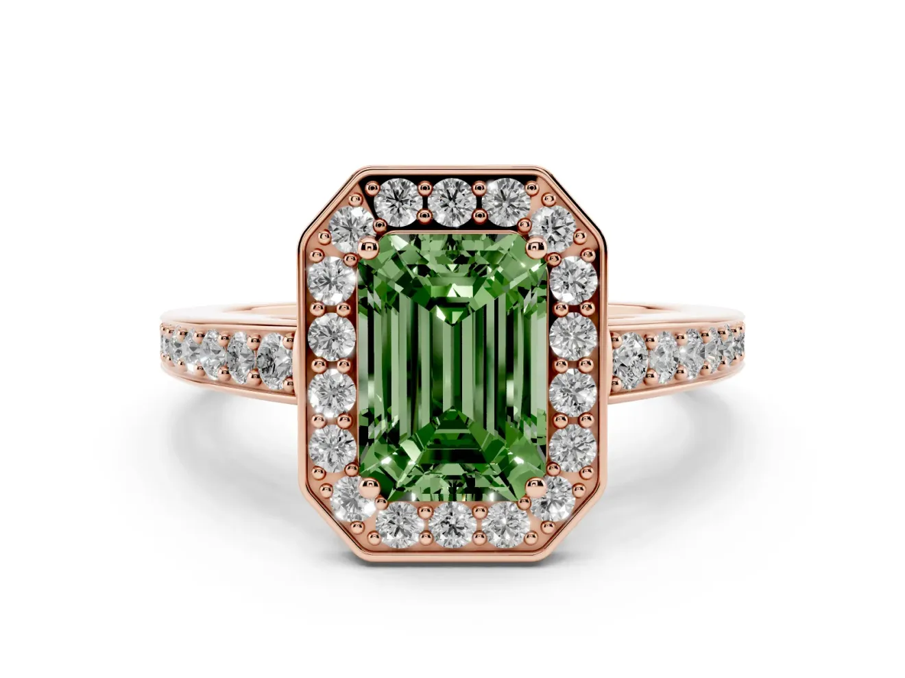 Emerald Cut Framed Halo Engagement Ring Setting for a Fancy Green Lab-Grown Diamond | Rose Gold