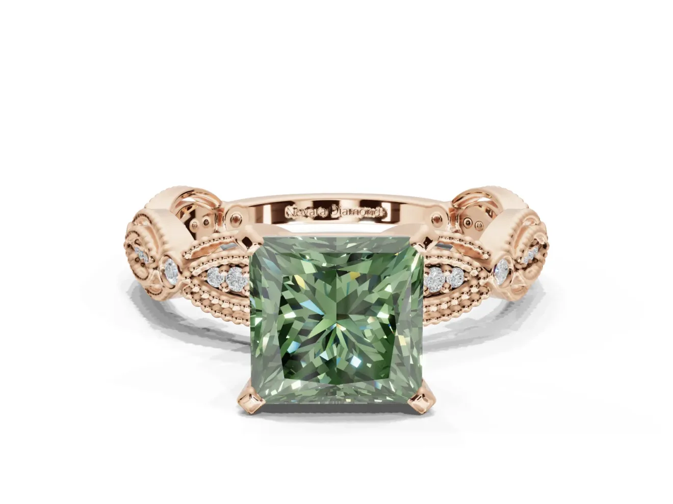 Princess Cut Vintage Engagement Ring Setting for a Fancy Green Lab-Grown Diamond | Graduated Stations | Rose Gold
