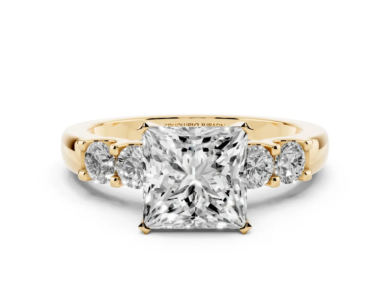 Princess Cut Five Stone Engagement Ring Setting | Prong-Set Side Stones | Yellow Gold