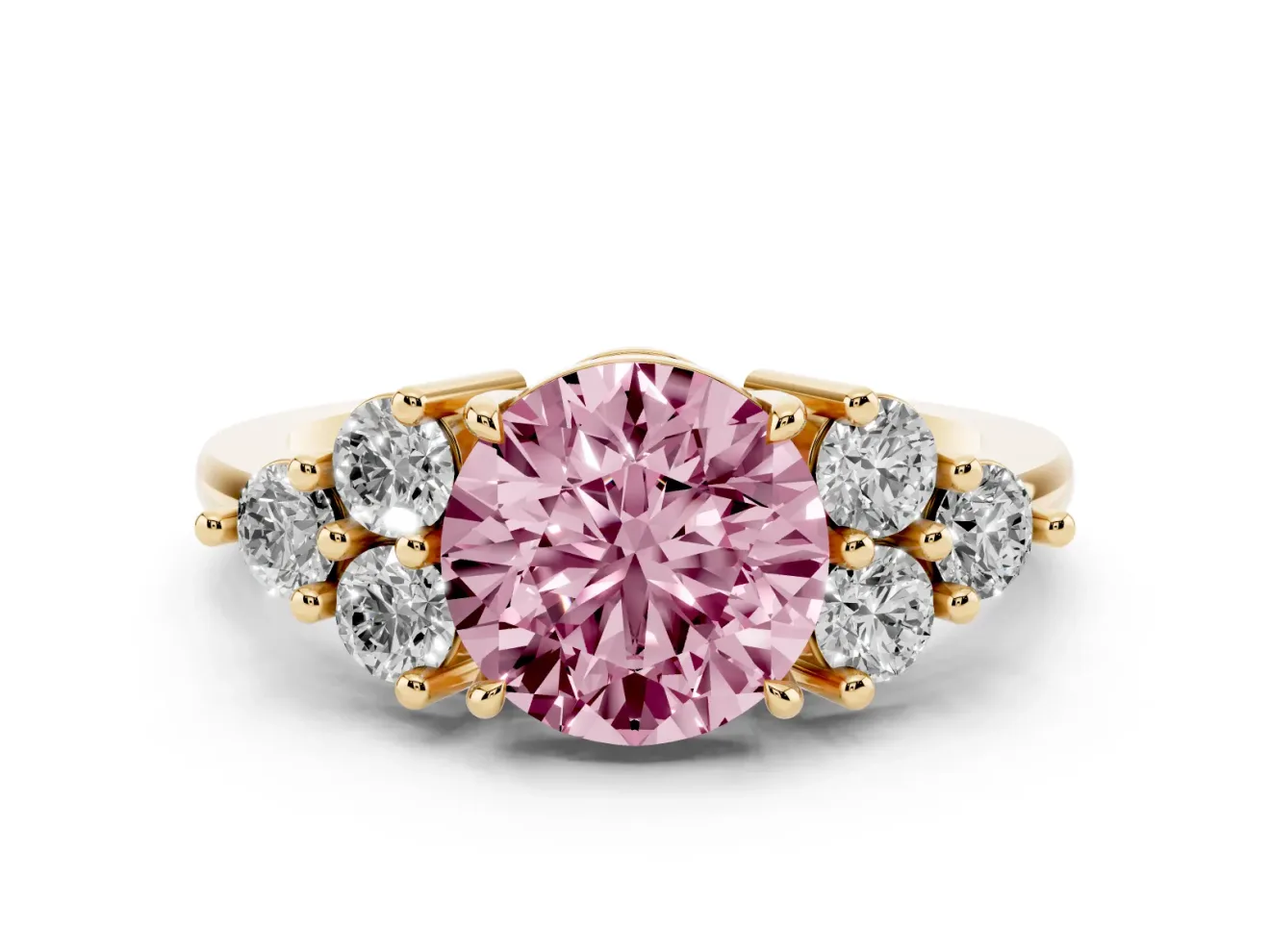 Round Cluster Side Stone Engagement Ring Setting for a Fancy Pink Lab-Grown Diamond | Yellow Gold