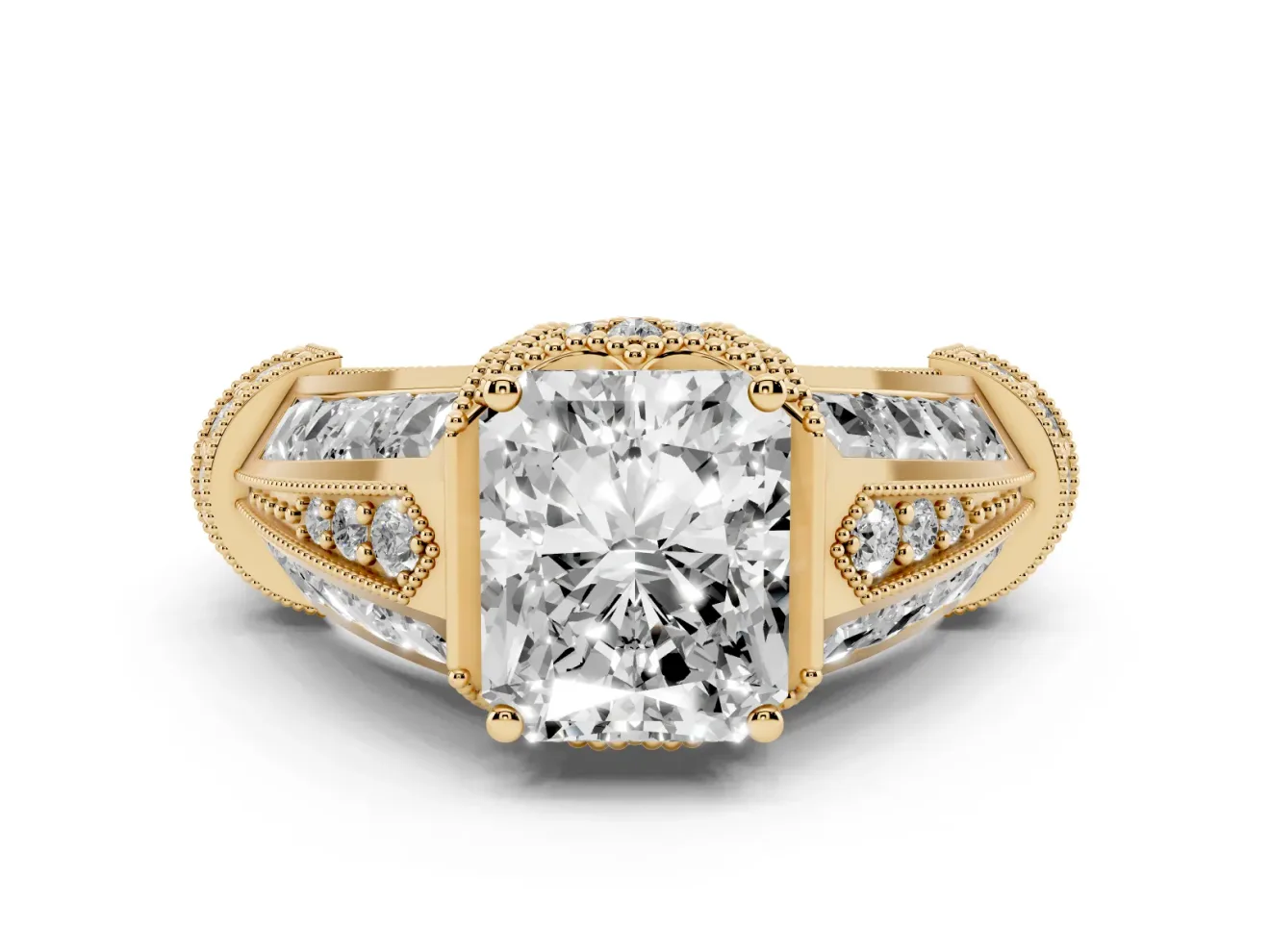 Radiant Cut Vintage Milgrain Engagement Ring Setting | Hidden Halo | Yellow Gold
