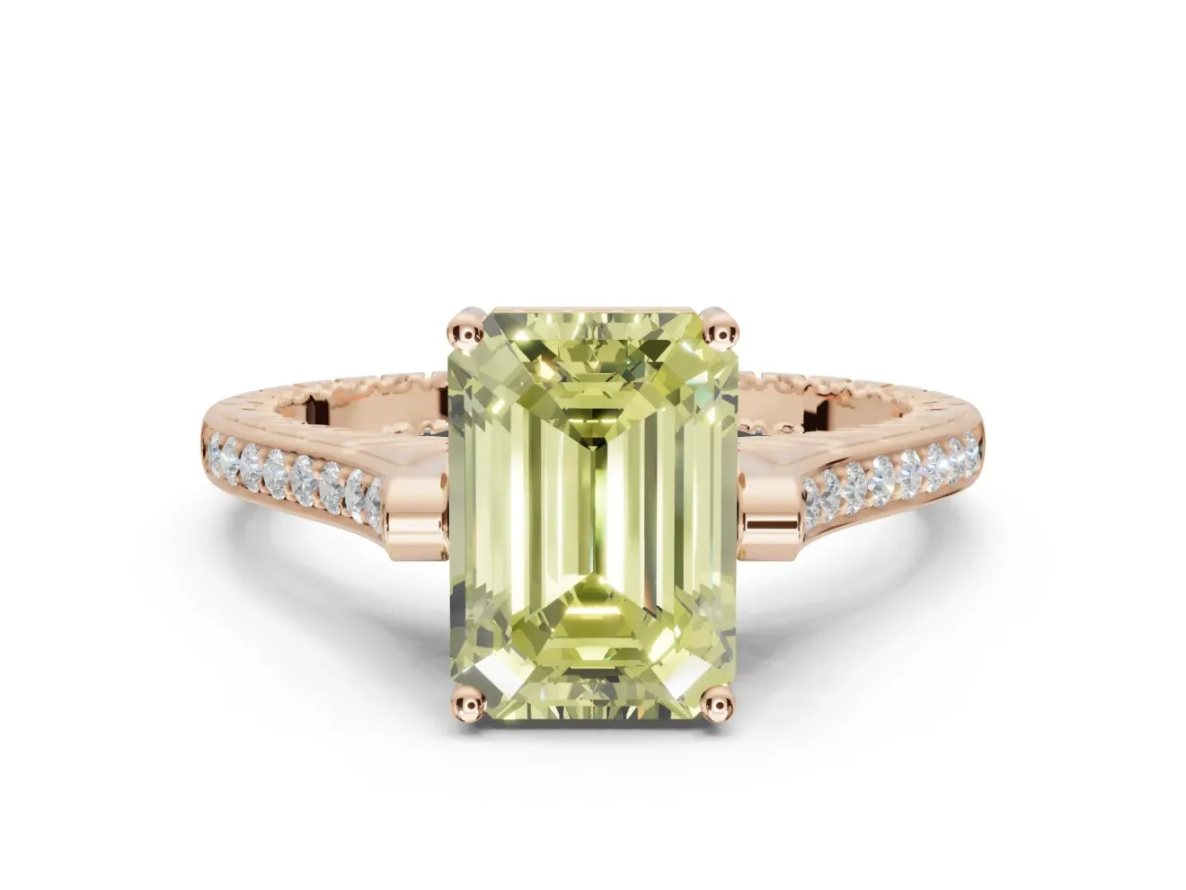 Emerald Cut Vintage Cathedral Engagement Ring Setting for a Fancy Yellow Lab-Grown Diamond | Carved Band | Rose Gold