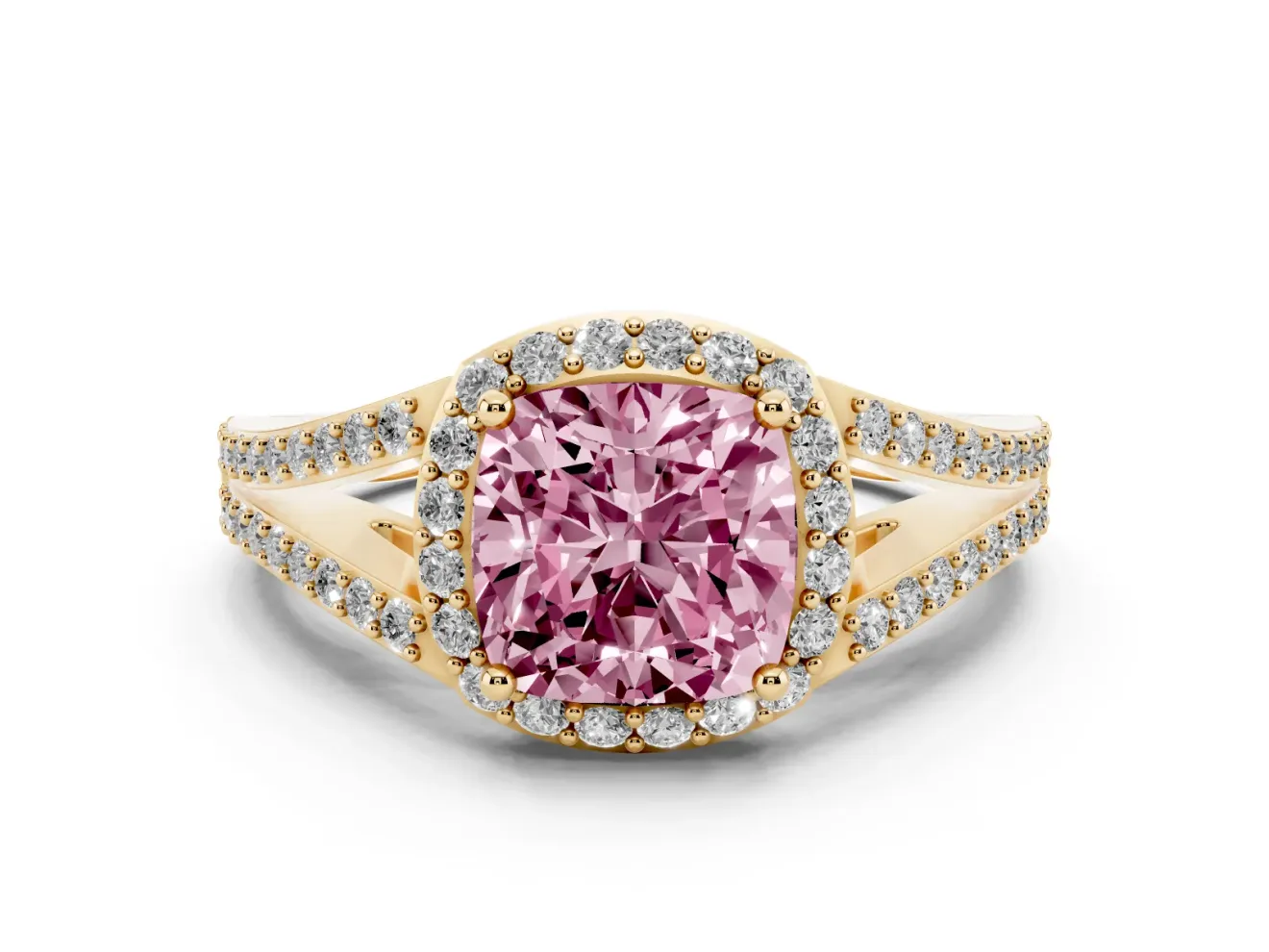 Cushion Cut Halo Engagement Ring Setting for a Fancy Pink Lab-Grown Diamond | V-Split Pavé Band | Yellow Gold
