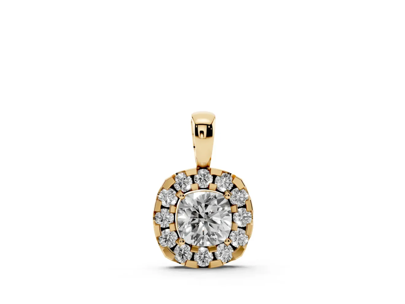 Cushion Cut Lab-Grown Diamond Halo Pendant Necklace | Polished Bail | Yellow Gold