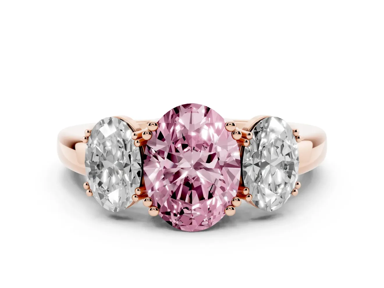 Oval Three Stone Engagement Ring Setting for a Fancy Pink Lab-Grown Diamond | Double Claw Head | Rose Gold