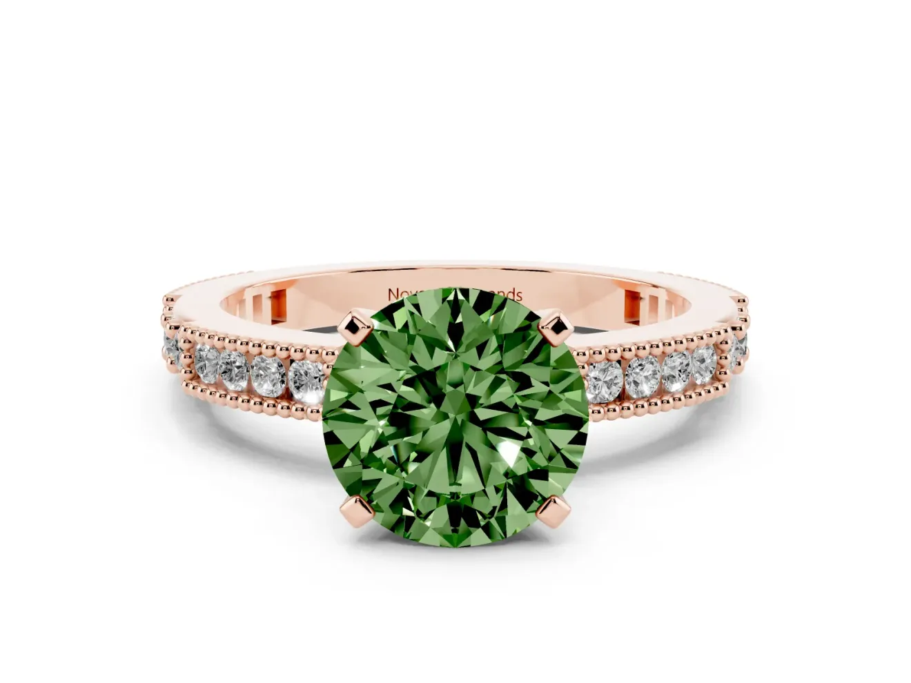 Fancy Green Round Cut Diamond Solitaire Ring Set in Rose gold with Slim Pavé Band and Prong Setting