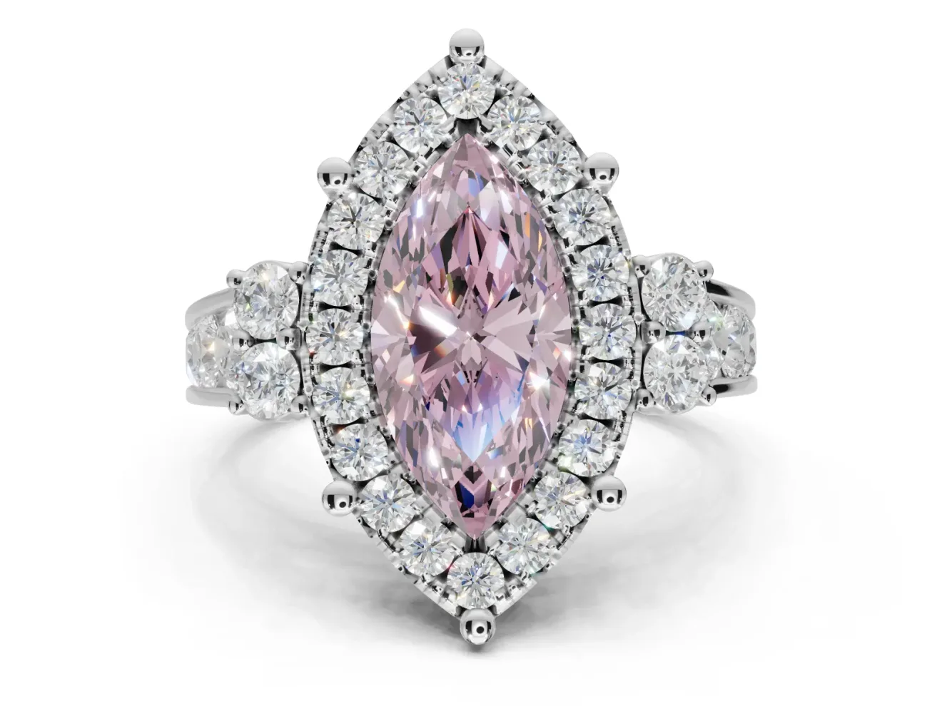 Marquise Halo Engagement Ring Setting for a Fancy Pink Lab-Grown Diamond | Side Clusters | Platinum