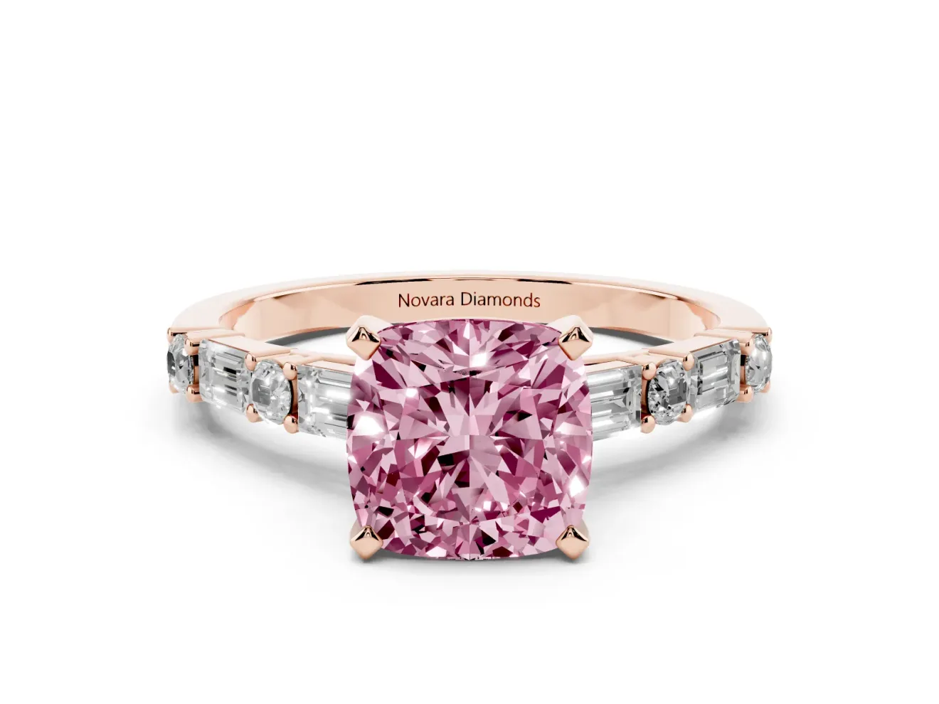 Cushion Cut Baguette Side Stone Engagement Ring Setting for a Fancy Pink Lab-Grown Diamond | Rose Gold
