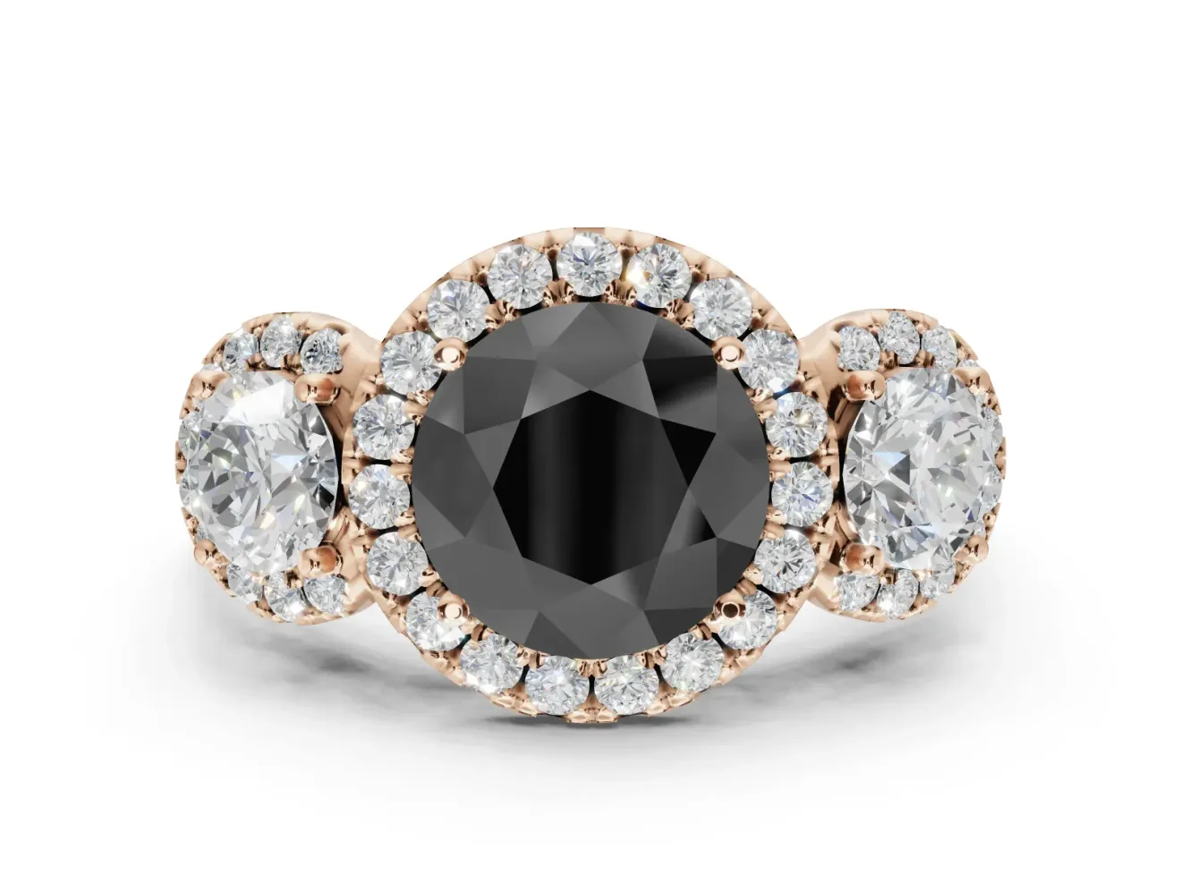 Round Three Stone Halo Engagement Ring Setting for a Black Center | Haloed Side Stones | Rose Gold