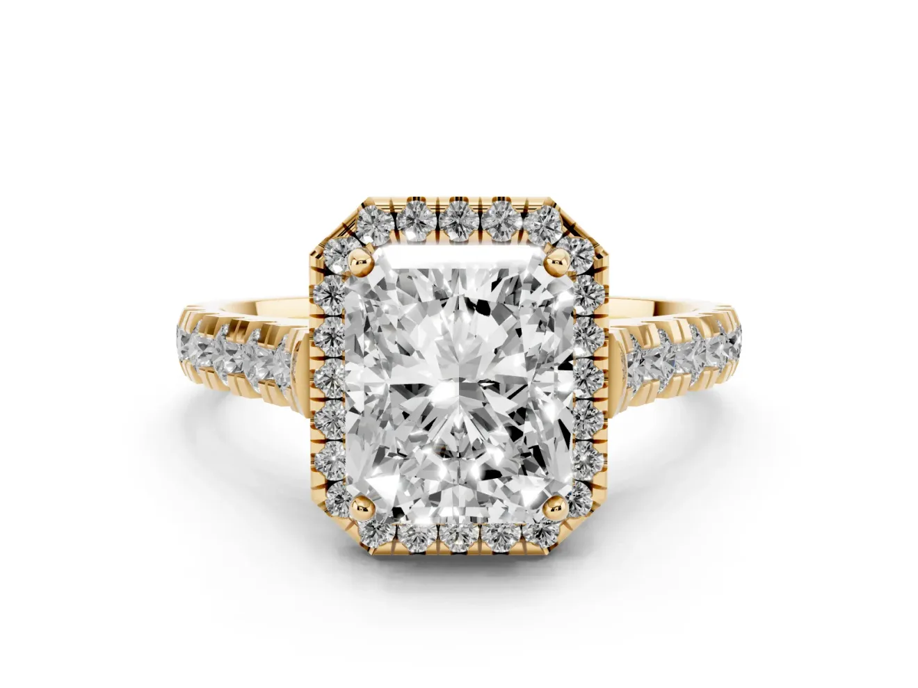 Radiant Cut Halo Engagement Ring Setting | Shared Prong Shoulders | Yellow Gold