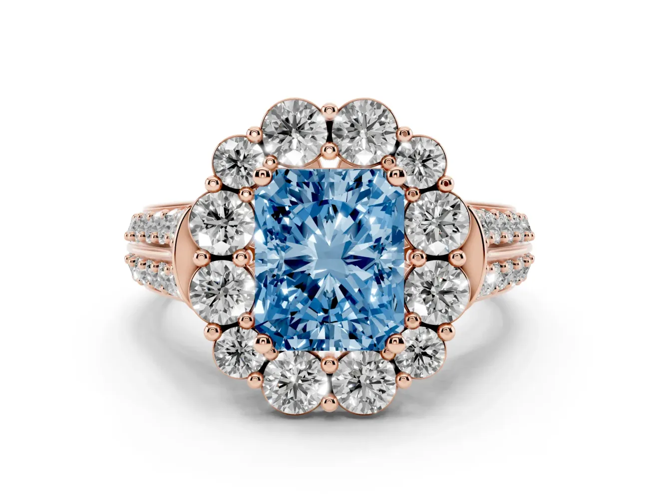 Fancy Blue Radiant Cut Diamond Halo Engagement Ring Set in Rose gold with Split Shank and Prong Setting