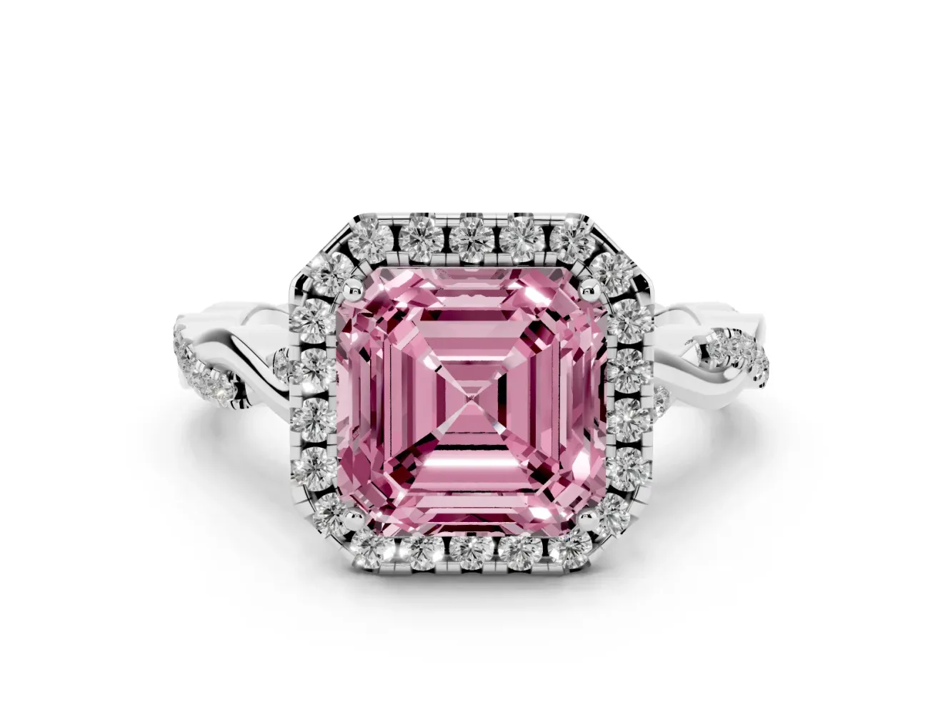 Asscher Cut Twist Halo Engagement Ring Setting for a Fancy Pink Lab-Grown Diamond | Platinum