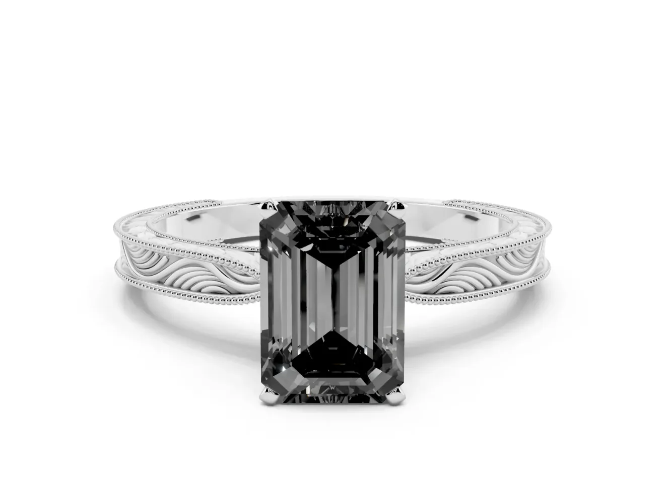 Fancy Black Emerald Cut Diamond Solitaire Milgrain Engraved Band Set in White gold with Prong Setting