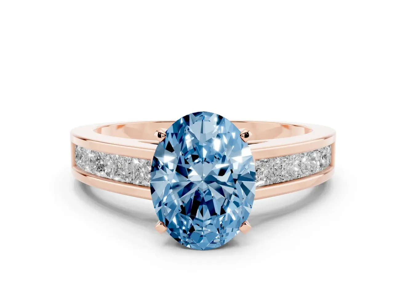Fancy Blue Oval Cut Diamond Solitaire Ring Set in Rose gold with Channel-Set Band and Prong Setting