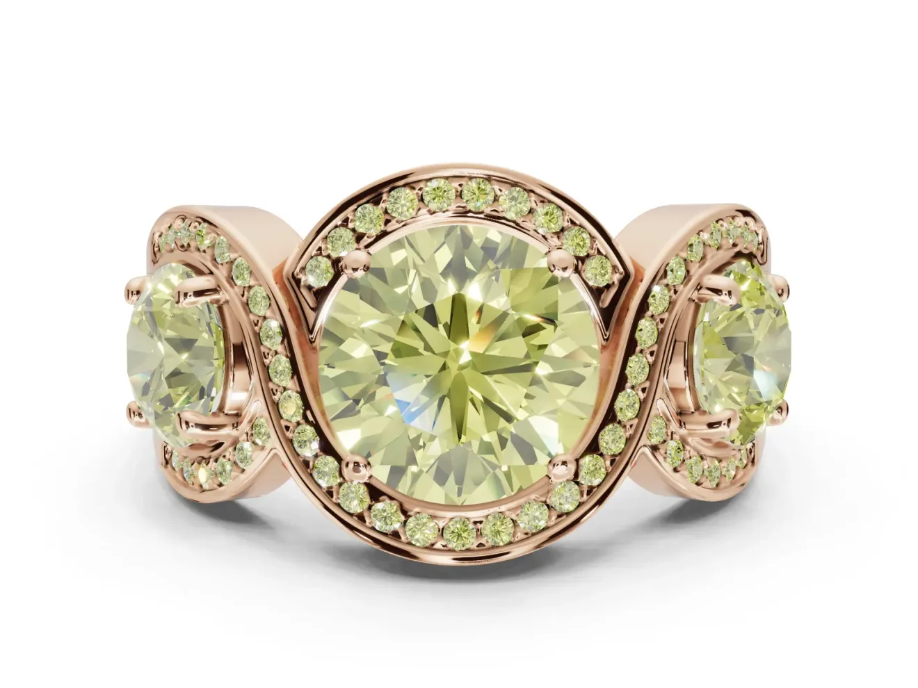 Round Three Stone Halo Engagement Ring Setting for a Fancy Yellow Lab-Grown Diamond | Pavé Wave Band | Rose Gold