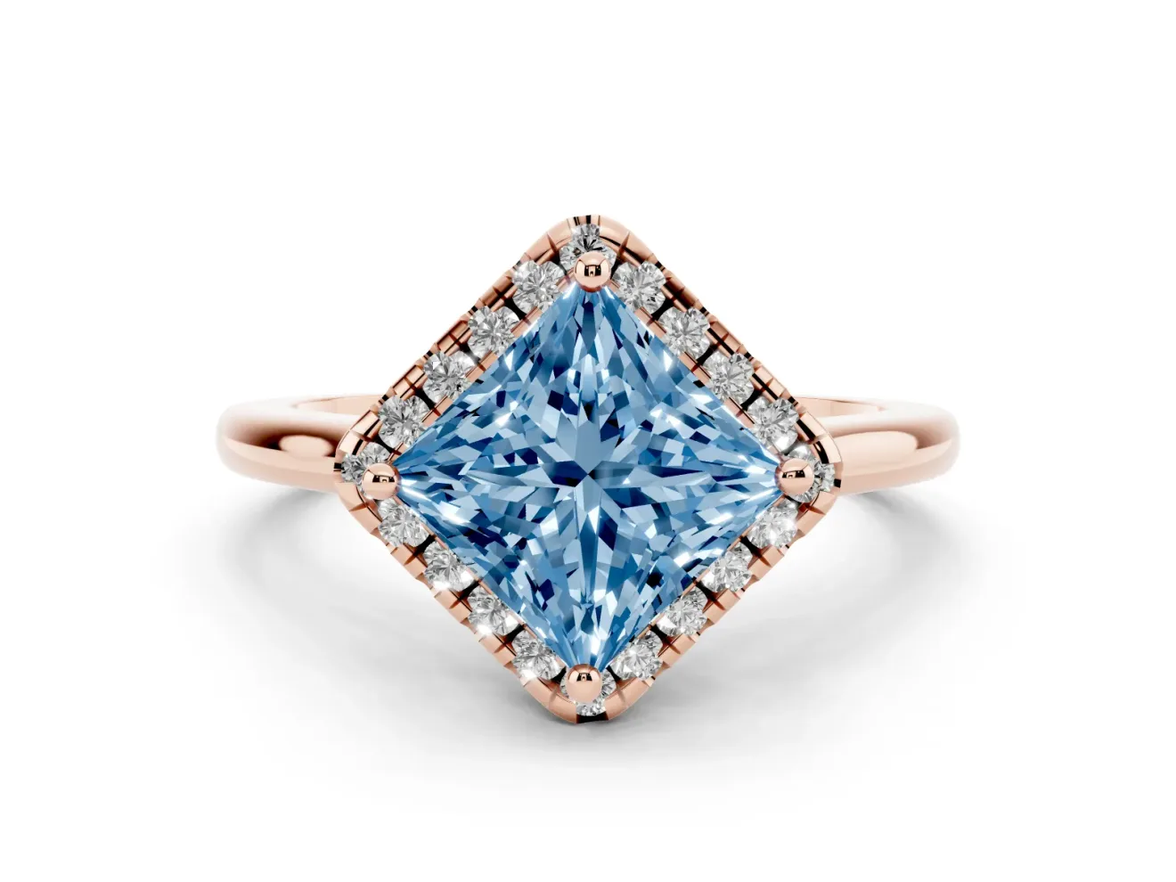 Princess Cut Halo Engagement Ring Setting for a Fancy Blue Lab-Grown Diamond | Plain Polished Band | Rose Gold