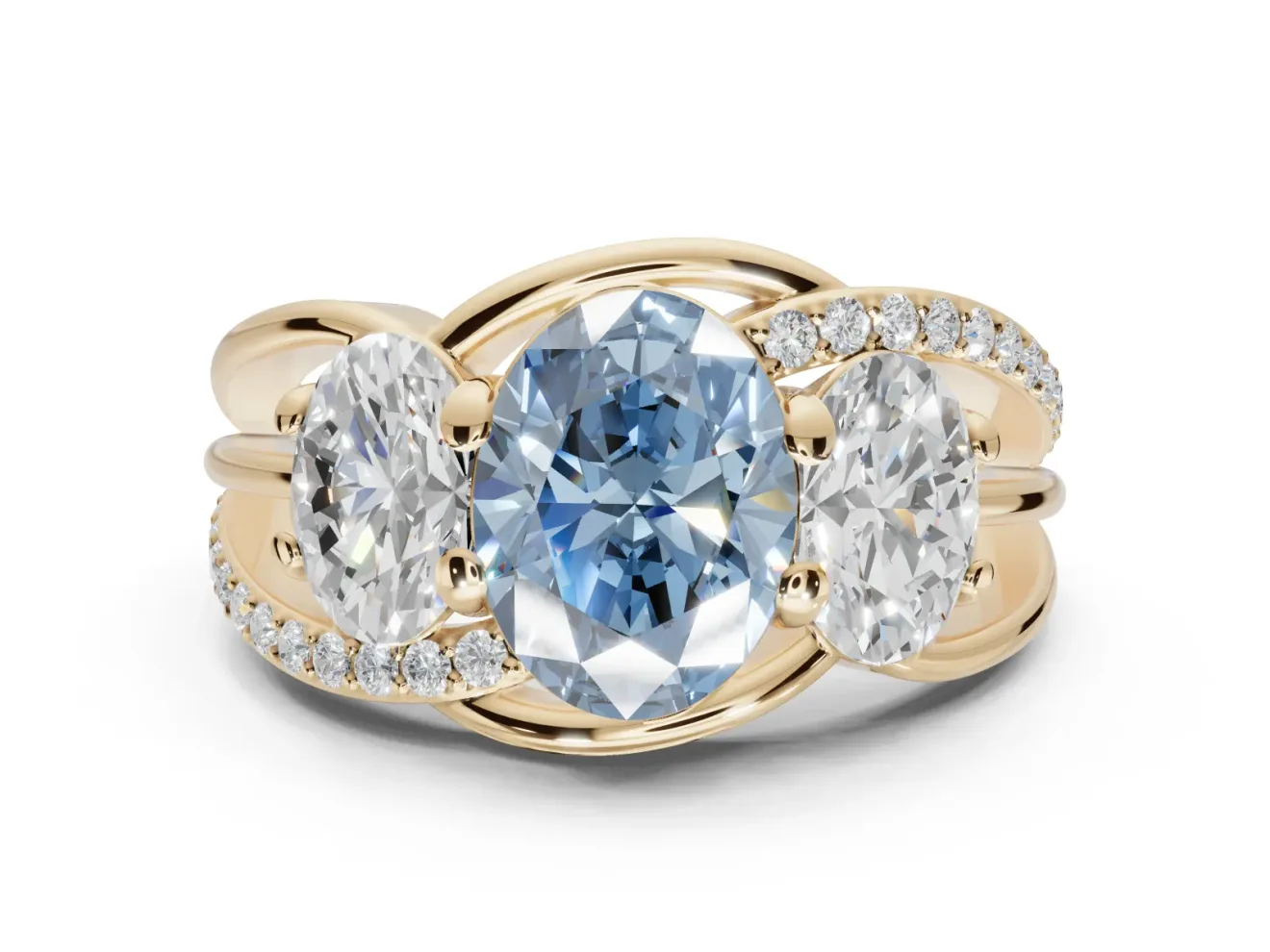 Oval Three Stone Split Shank Engagement Ring Setting for a Fancy Blue Lab-Grown Diamond | Matching Sides | Yellow Gold