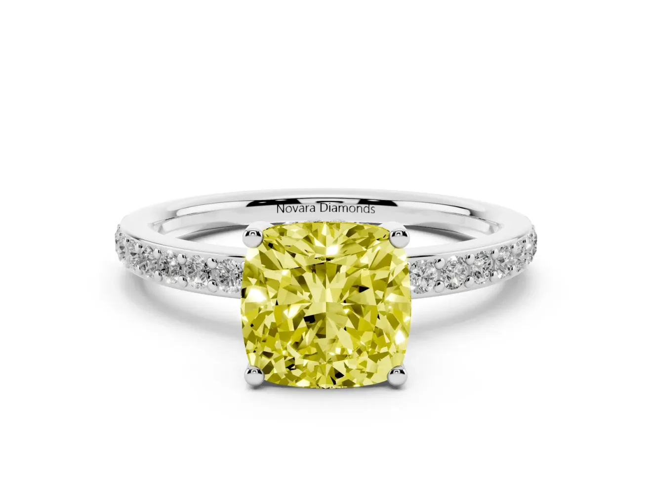 Fancy Yellow Cushion Cut Diamond Pavé Band Ring Set in Platinum with Prong-Set Center Stone