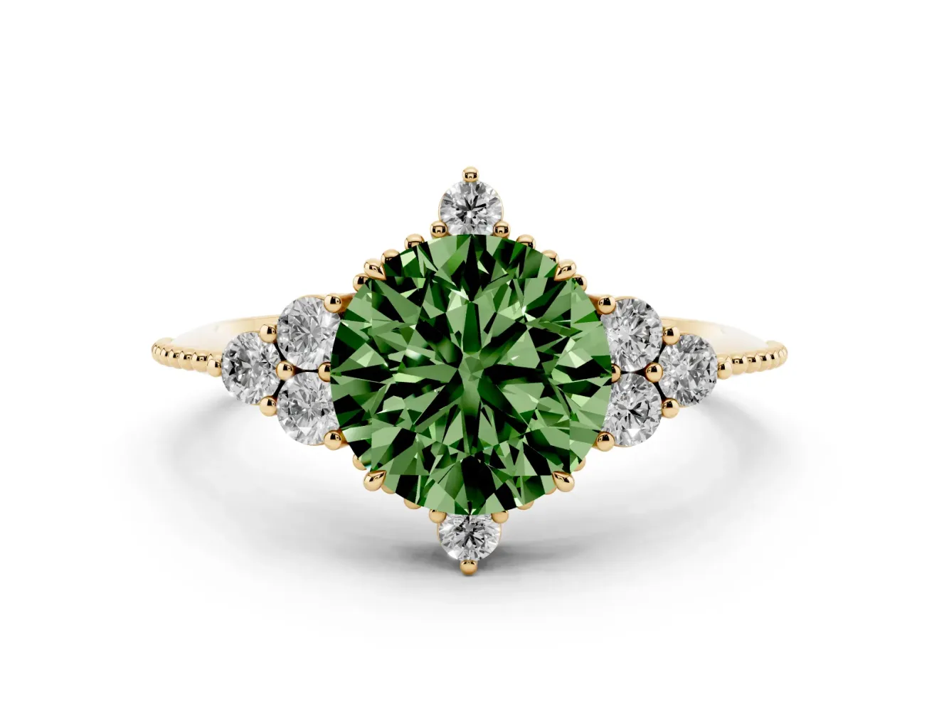 Round Cluster Engagement Ring Setting for a Fancy Green Lab-Grown Diamond | Yellow Gold