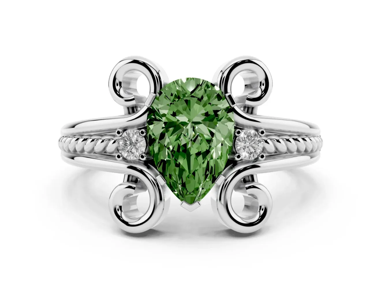 Fancy Green Pear Cut Diamond Twisted Band Solitaire Ring Set in Silver with Scroll Prongs