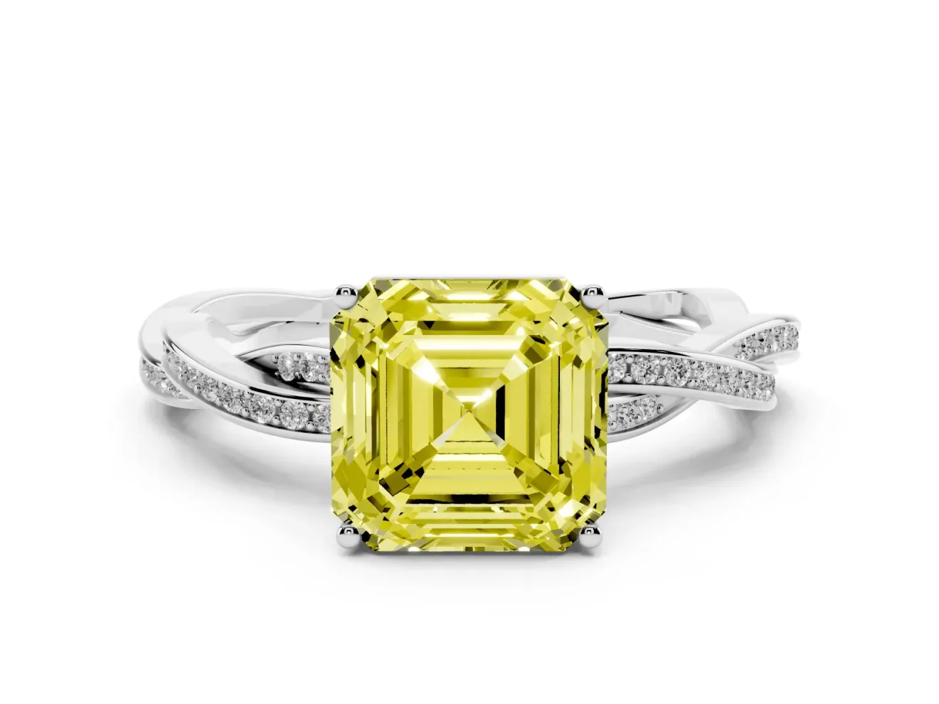 Fancy Yellow Asscher Cut Diamond Solitaire Twisted Pavé Ring Set in Silver with Prong Setting