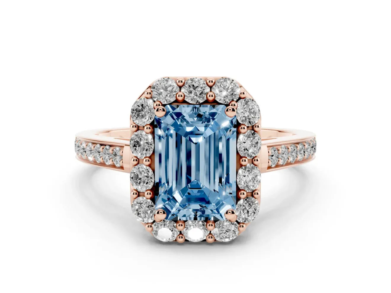 Fancy Blue Emerald Cut Diamond Floral Halo Ring Set in Rose gold with Pavé Band and Prong Setting