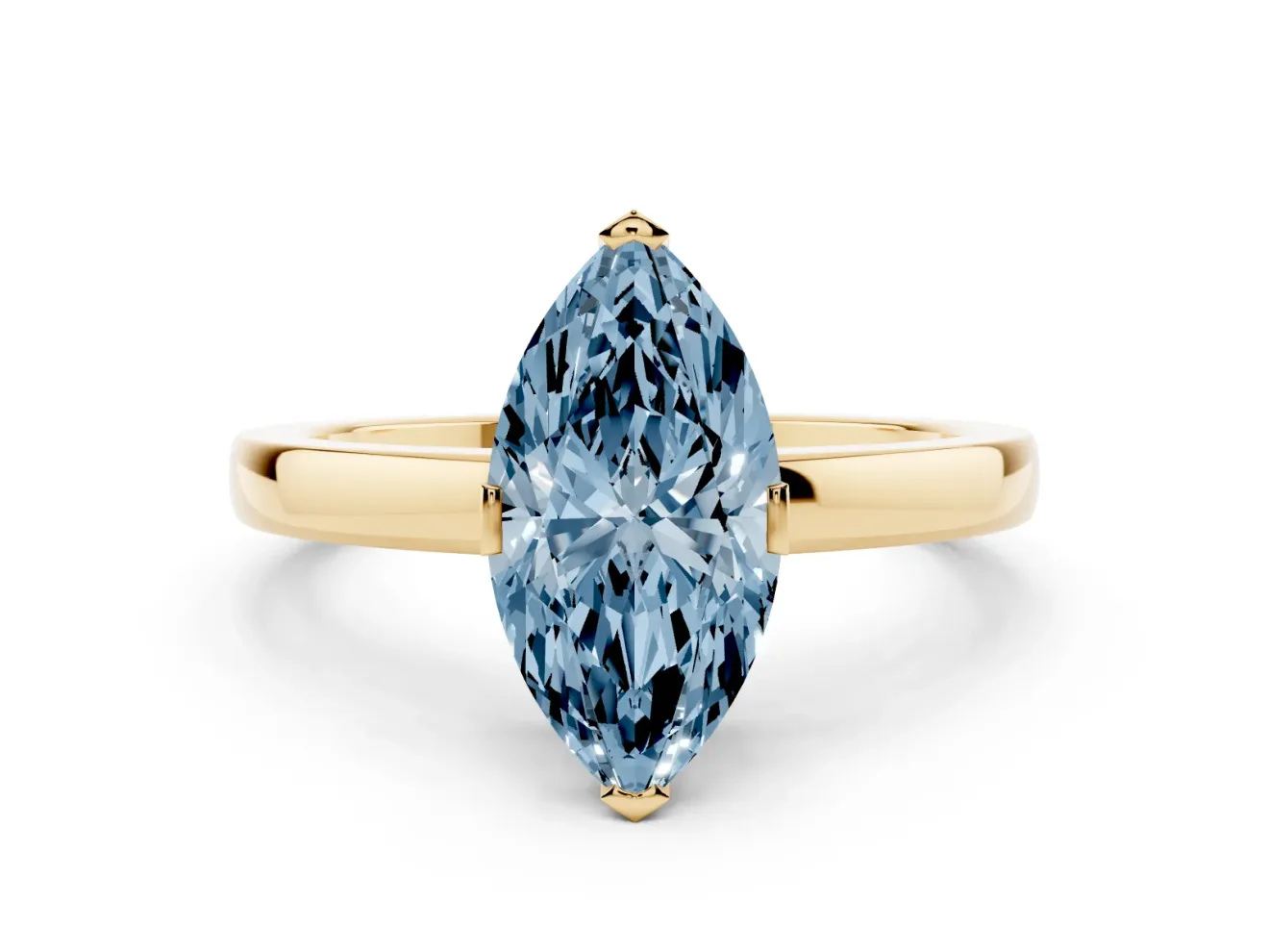 Fancy Blue Marquise Cut Diamond Solitaire Ring Set in Yellow gold with Prong Head and Smooth Polished Band