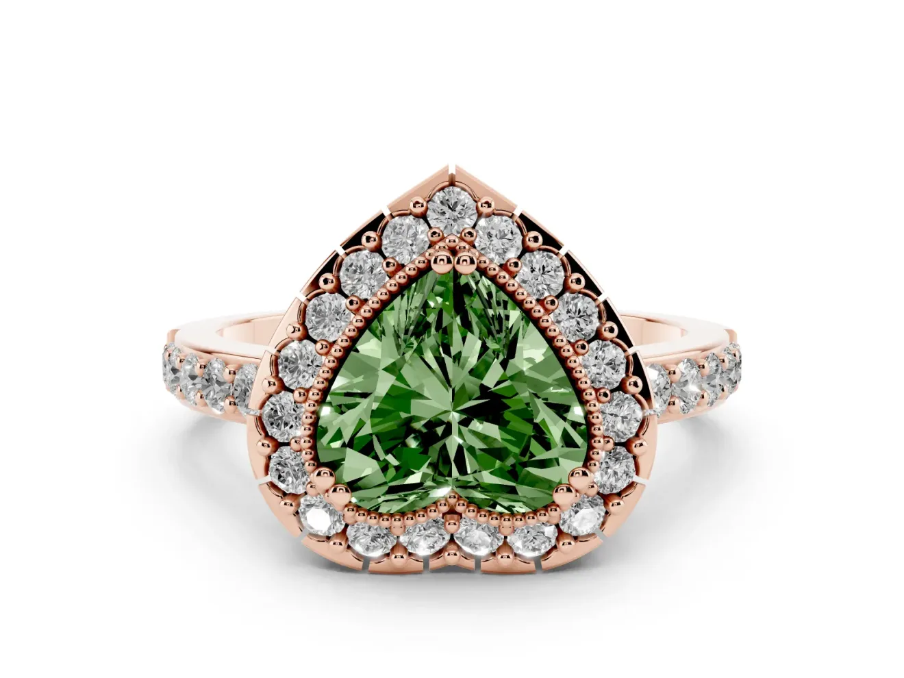 Heart-Shaped Milgrain Halo Engagement Ring Setting for a Fancy Green Lab-Grown Diamond | Pavé Shoulders | Rose Gold