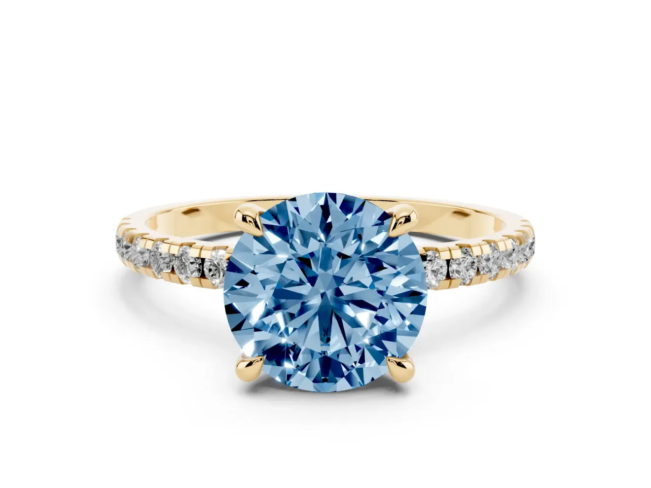 Round Petite Pavé Solitaire Engagement Ring Setting for a Fancy Blue Lab-Grown Diamond | Slim Band | Yellow Gold